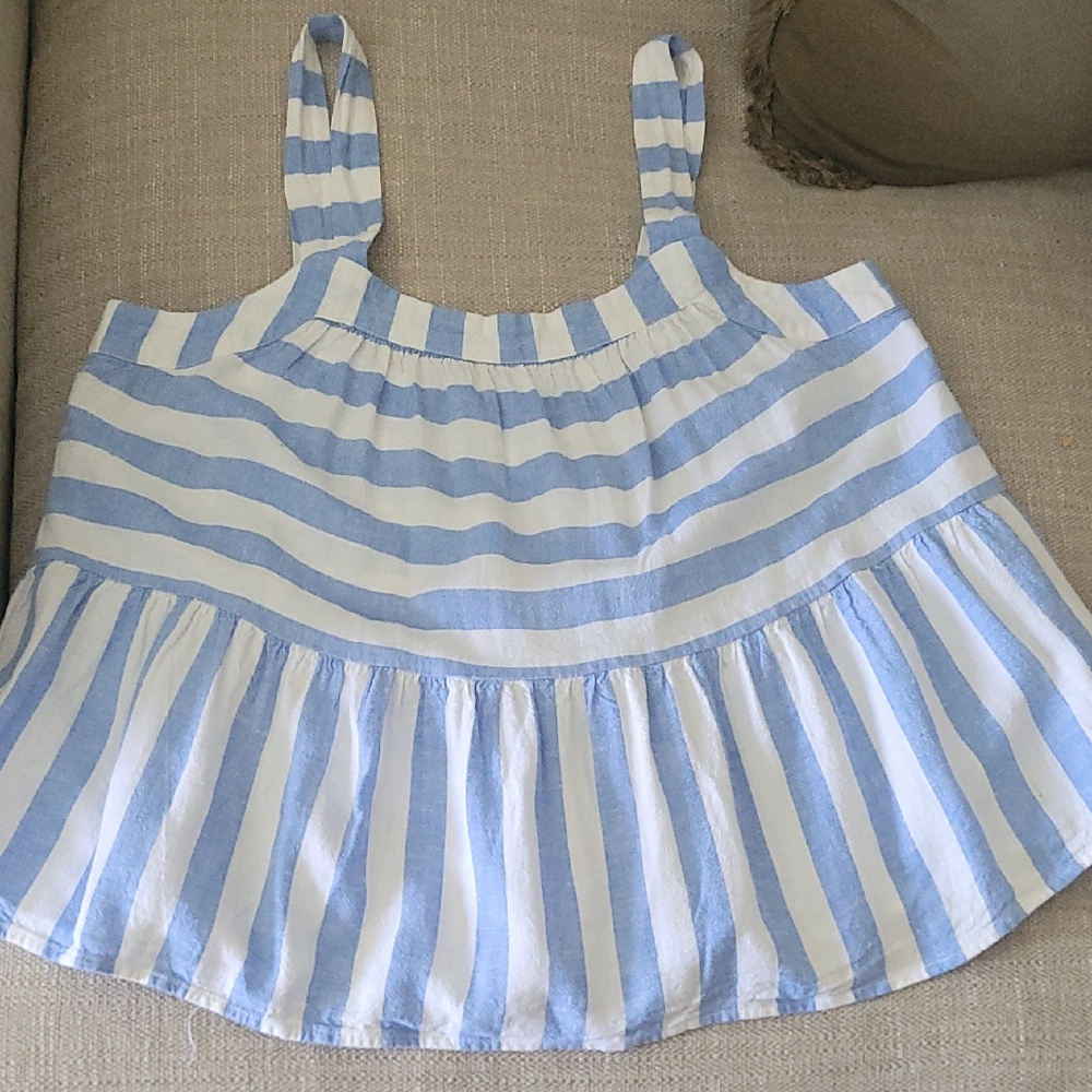 LOFT  Blue and White Striped Ruffle Tank